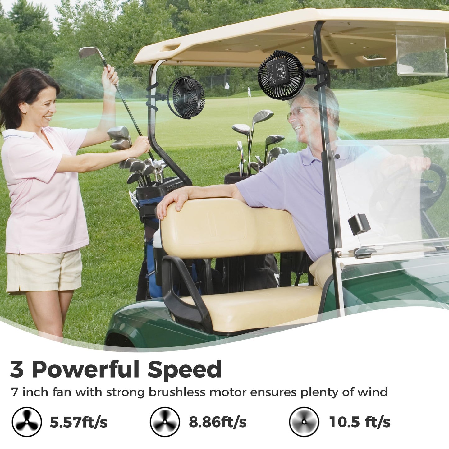 10000mAh Rechargeable Golf Cart Fan, 50H Run, Compatible with EZGO Club Car Yamaha, 7 inch Clip On Fan with Sturdy Tripod, 360° Pivot, 3 Speed & Timer, Cooling for Golf Cart Golf Palyer Essential