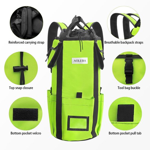AOLEBA Arborist Rope Storage Bag Tree Climbing Rock Rope Bucket Backpack Rope Storage Bag Large Capacity 1680D Thicken Nylon Material with Hand Straps, Side Pockets - Neon Green