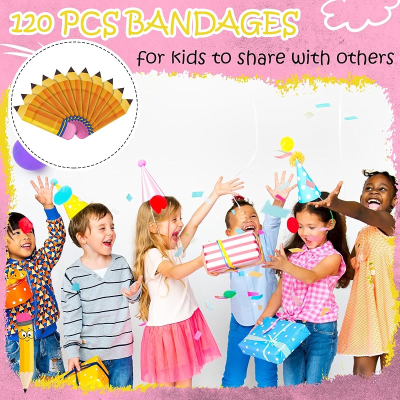 Pencil Design Adhesive Bandages - 120 Pack for Kids, Classroom Gift