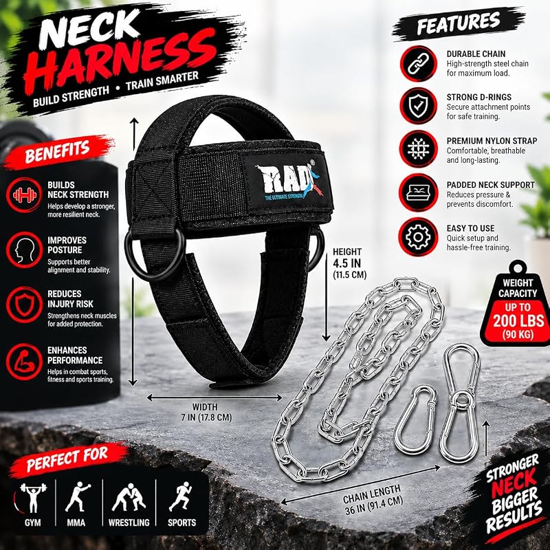 Neck Harness Weight Lifting Strap with Adjustable Steel Chain – 16 oz Neroprene Padding