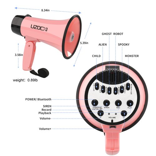 UZOCHI 20w Megaphone Bullhorn with Siren, Recording, Bluetooth Input, Voice Changer for Kids with 6 Sound Effect, Loud Speaker for Teacher, Cheerleading