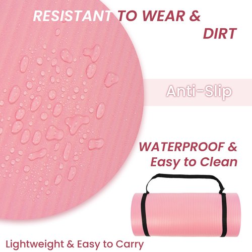 Aurorafy Yoga Mat 1-Inch Extra Thick High-Density Exercise Mat with Non-Slip Surface & Carry Strap for Men & Women Tear-Resistant Pilates Workout Mat for Home Gym, Floor Fitness, Pearly Pink