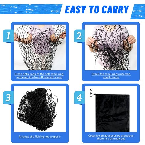 EcoBrisa Foldable Bridge and Pier Fishing Net for Pier Fishing High Load Drop Net Fish Basket for Saltwater Freshwater Collapsible Basket with 49.2 FT Rope Soft Steel Hoop (Black, 32 * 36inch)