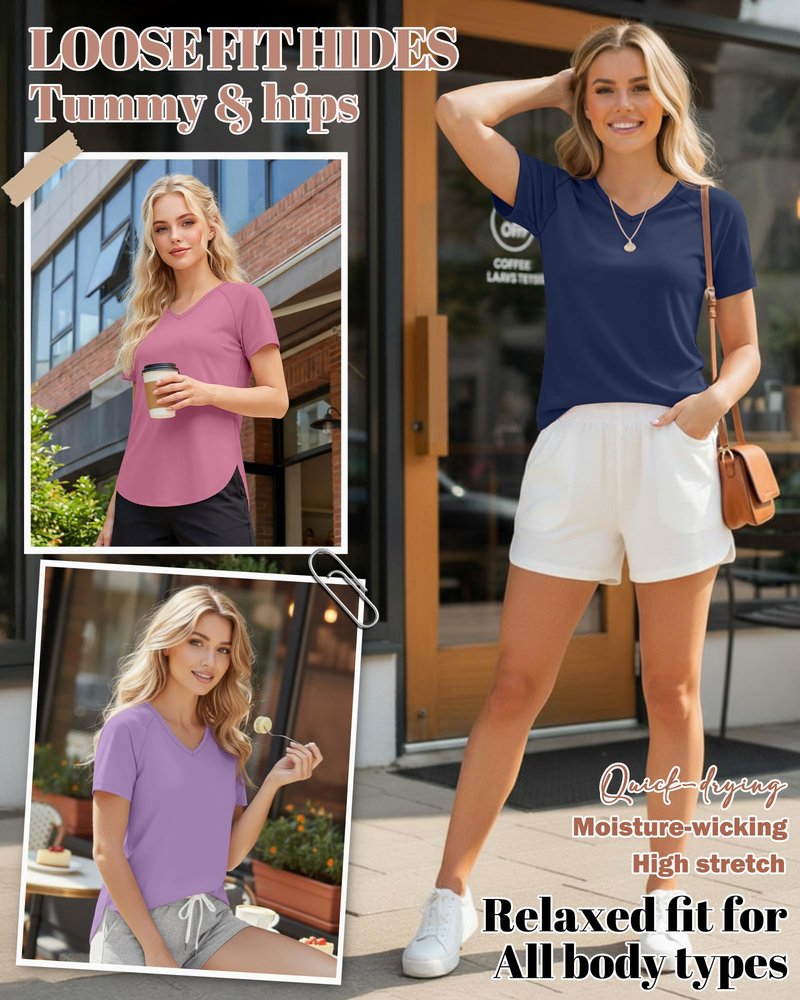 Sweetyweee 5 Pack Women Workout T-Shirts Quick Dry UPF 50+ Sun Protection Yoga Gym V Neck Raglan Tops Side Slits Curved Hem(Navy Blue, Light Gray, Denim Blue, Purple, Pink,X-Large)