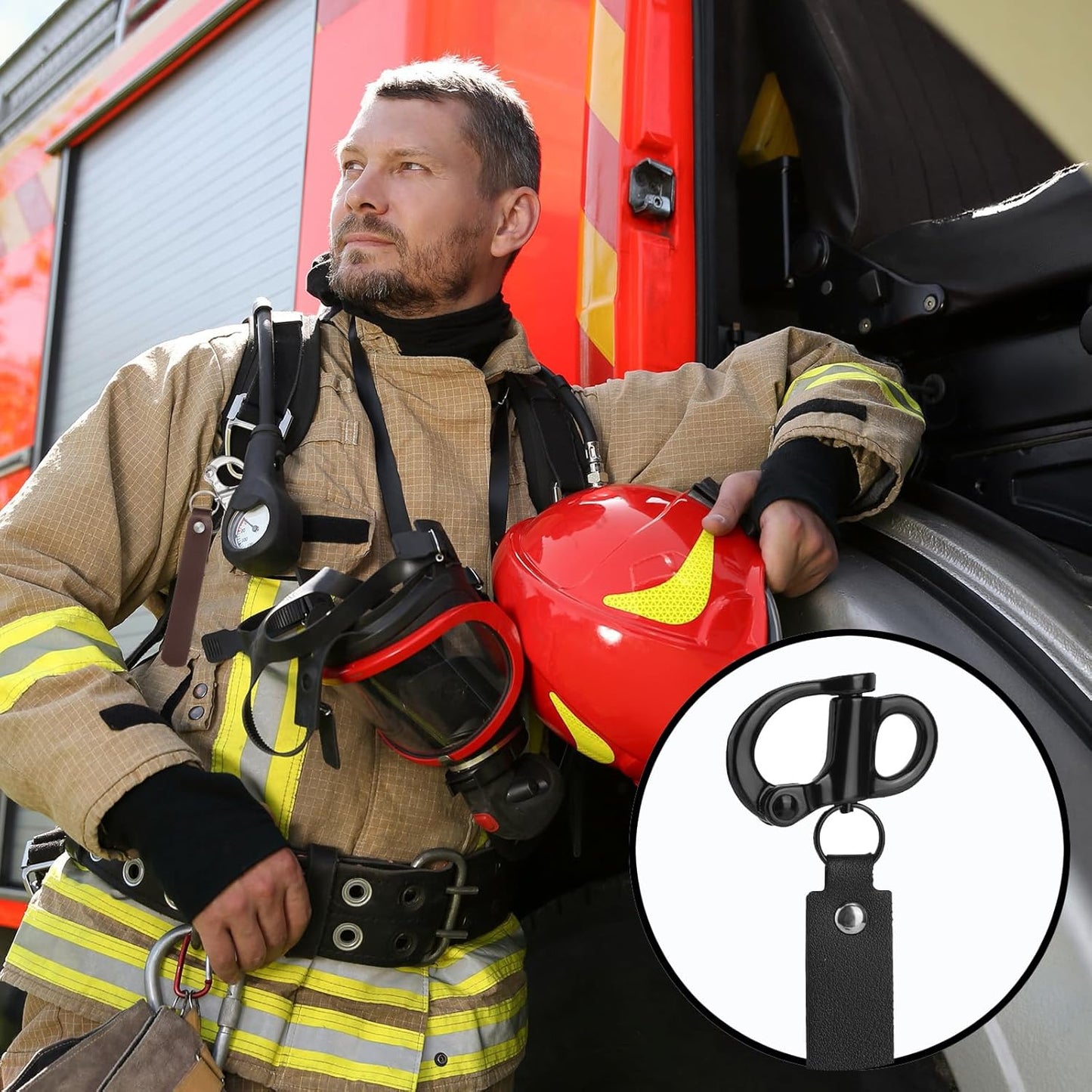 2 Pcs SCBA Mask Quick Release Clip Shackle, Firefighter Accessories, Quick Release Lanyard, Marine Grade 316 Stainless Steel Rigging Shackle with Black Leather Handle