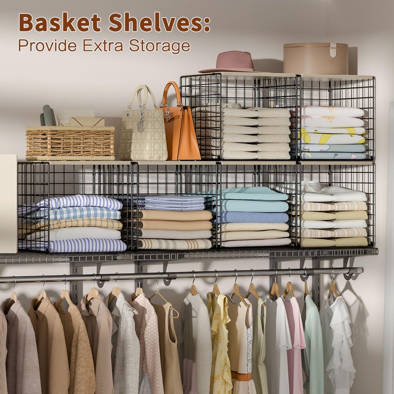 3PCS Stackable Closet Organizers and Storage, Shelves with Wood Top Extra Storage, Clothes Organizer Basket, Bin, or Tube for Wardrobe and Home Organization (Black-Sturdy Metal) Patent Pending