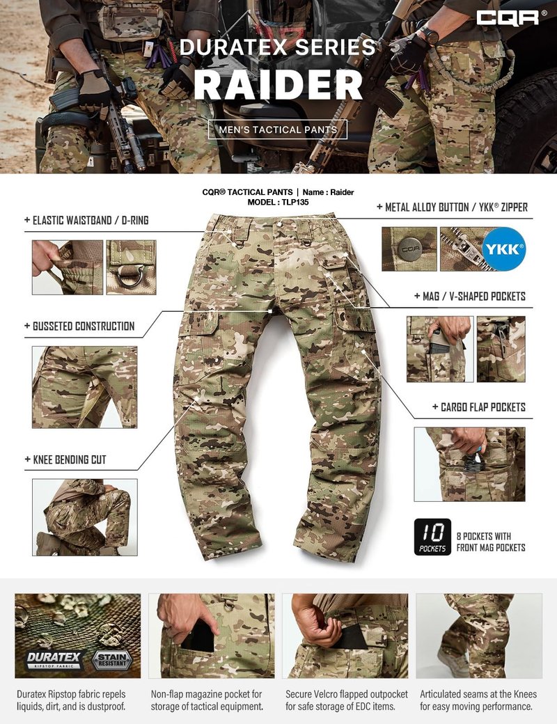 CQR Men's Tactical Pants, Water Resistant Ripstop Cargo Pants, Lightweight EDC Work Hiking Pants, Outdoor Apparel, Duratex Mag Pocket Utility Camo, 32W x 32L