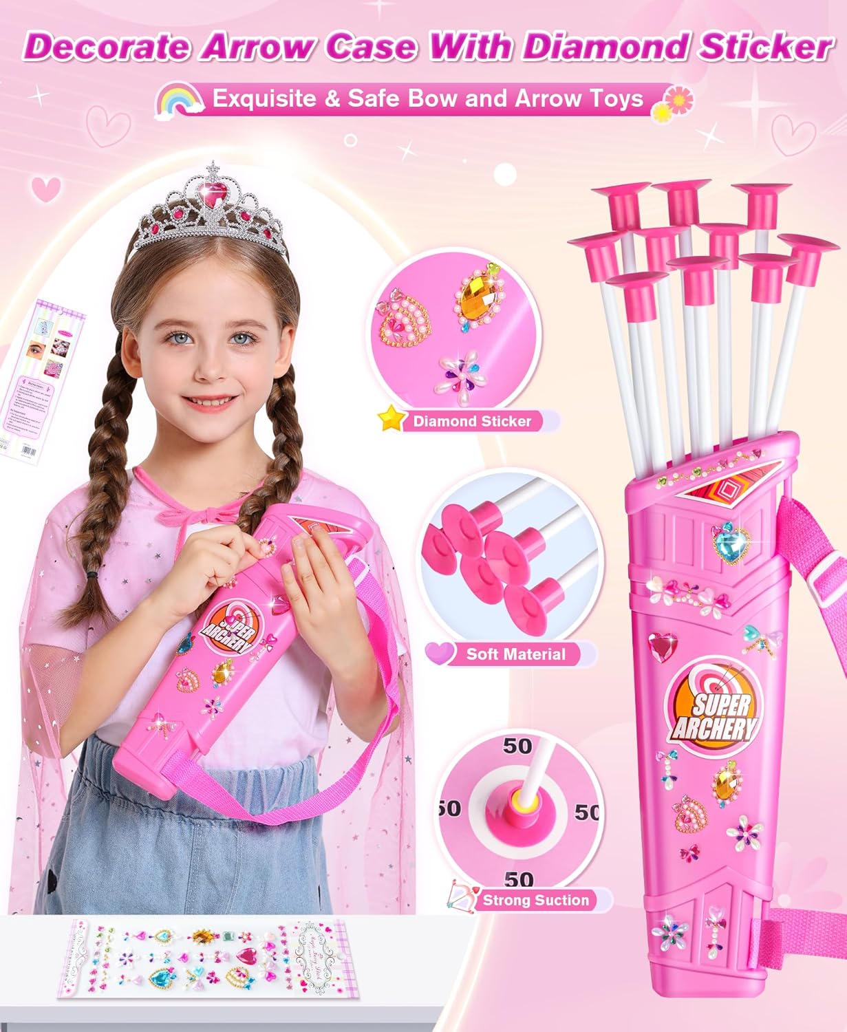 Kids Bow and Arrow Set Toys for Girls, LED Light Up Archery Bow Set with Princess Cape and Crown, 10 Suction Cup Arrows, Indoor and Outdoor Play Birthday Gift Toy for Kids Boys Girls