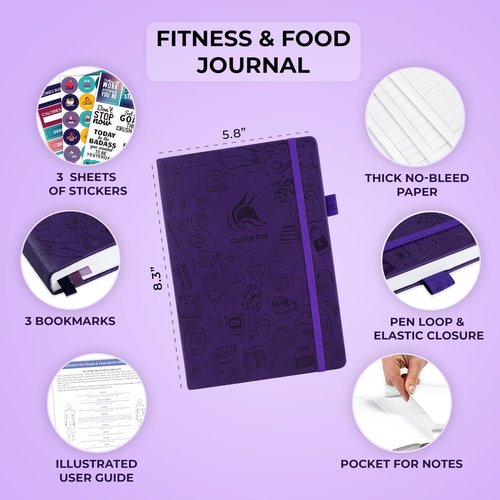 Clever Fox Fitness & Food Journal – Nutrition & Workout Planner for Women & Men – Diet & Gym Exercise Log Book with Calendars, Diet & Training Trackers - Undated, A5 Size, Hardcover (Purple)
