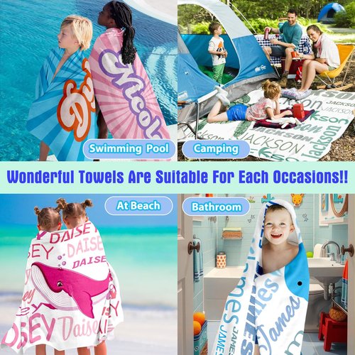 Personalized Kids Beach Towels Custom Sand Free Microfiber Beach Towel with Names & Monogram Customized Quick Dry Pool Towels for Girls Boys Standard Size
