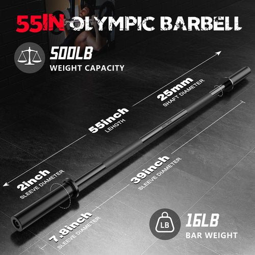 Olympic Barbell Bar 55", 2In-Weight Lifting Bar Standard Straight Barbell Bars for Bench Press/Hip Thrusts/Biceps/Lunges/Squat/Strength-Training Home Gym Weight Bar, 2 Collars(500lb Capacity) (Black)
