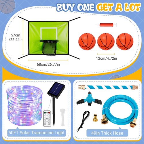 Trampoline Accessories Kit Kids, Trampolin Sprinkler/Basketball Hoop/50FT Solar Lights, Fits 8 10 12 14 15 16FT Trampoline Outdoor with 3 Mini Basketballs, Non-Damaging to Net, Features 8 Light Modes