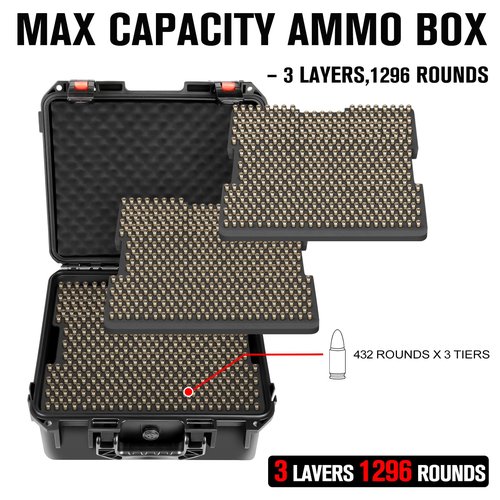 9mm Ammo Box Storage Case: Waterproof Ammo Case Organizer, Durable Ammunition Carrying Boxes for 9mm Luger, 9x19mm, .380ACP, .45, .22LR, .223, 5.56 Ammo Boxes for Can for Pistol Gun & Handgun Ammos