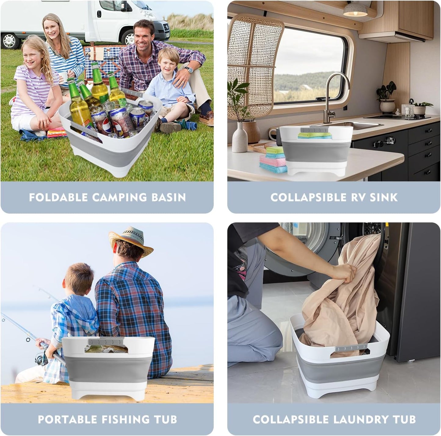 2.4Gal (9L) Collapsible Wash basin With Drain Plug, Suitable For Kitchen Sinks/Outdoor Camping/RV Use, Space-Saving, Highly Portable Washbasin Ideal For Travel (Gray)