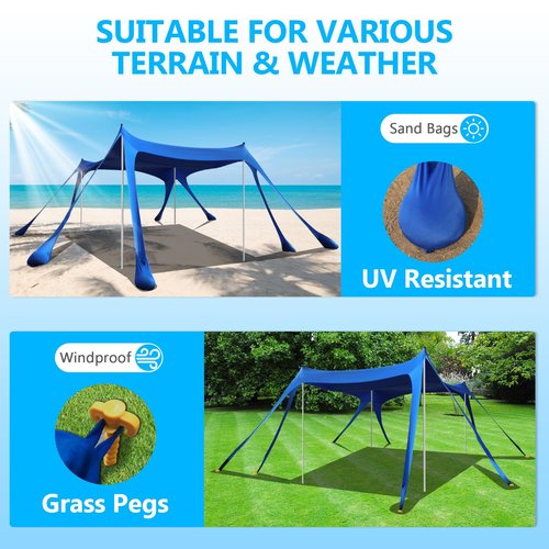 Beach Tent Sun Shelter, 10 x 10 FT Beach Canopy Tent Sun Shade Heavy Duty, UPF50+ Beach Tent Canopy with 8 Sandbags & 4 Stability Poles, Outdoor Beach Shade Canopy for Camping and Fishing, Blue