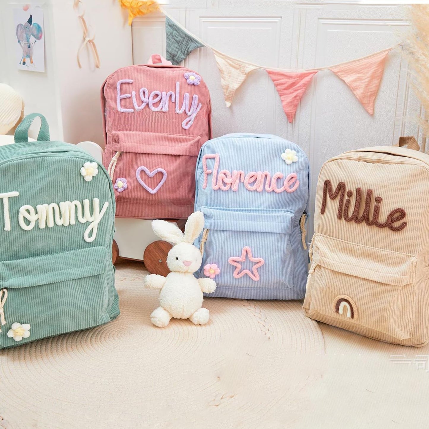 JINMA Personalized Embroidered Name Backpack – Custom Lettering Corduroy Bag with Floral Detail, Lightweight and Stylish