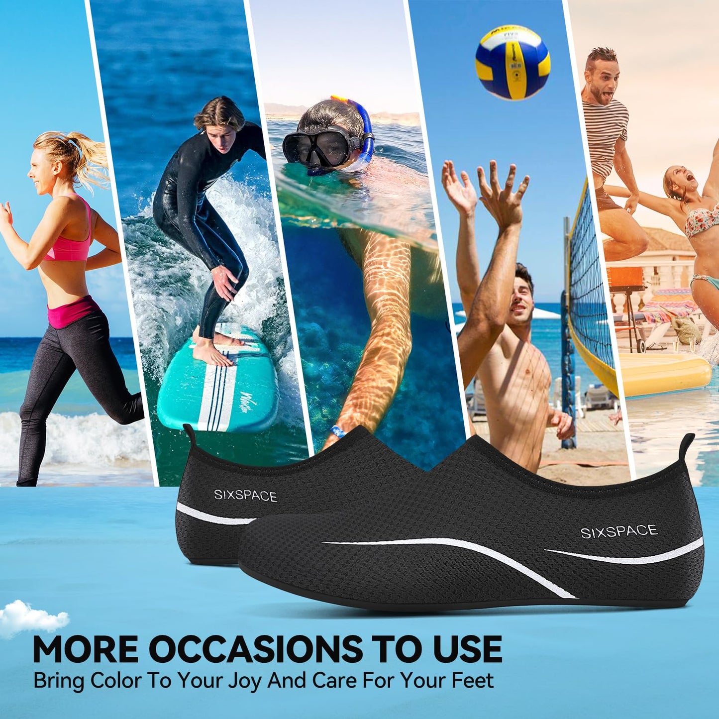Sixspace Water Shoes for Women Men Aqua Socks Swim Shower Beach Barefoot Pool Quick-Dry Non Slip Lake Surf (EGUS058MXXZ487BK34)