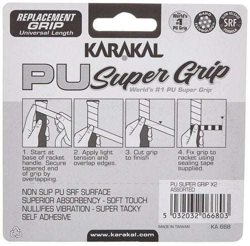 Karakal - PU Super Grip - Self-Adhesive Grip Tape for Badminton, Squash, Tennis, Hockey Stick or Ice Hockey Stick – Pack of 5 or 24 – Assorted Colours, White, 2 x Grips