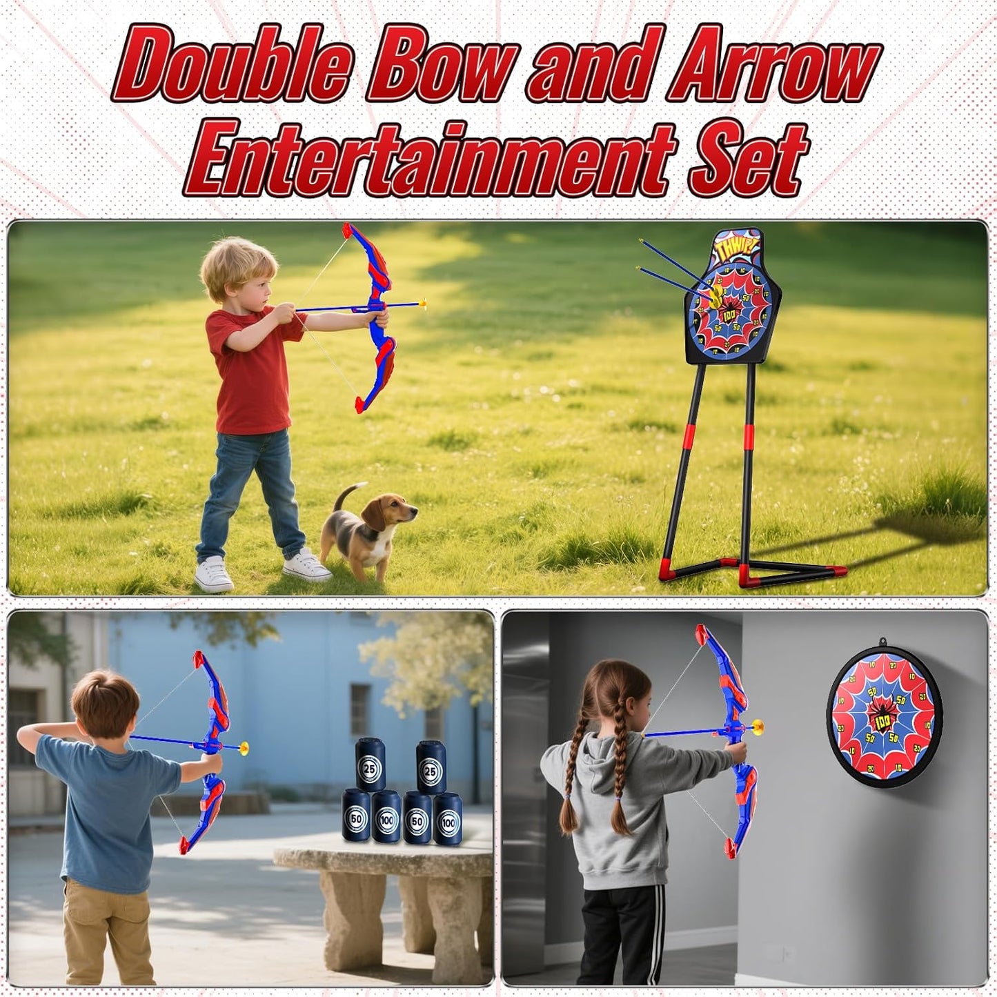 Kids Bow and Arrow Set, Led Light Up Bow and Arrow for Kids, Archery Set with Quiver & Web Target, 10 Suction Cup Arrows & Another 3 Target Cans, Outdoor Games for 4-6 8-12 Year Old Boys