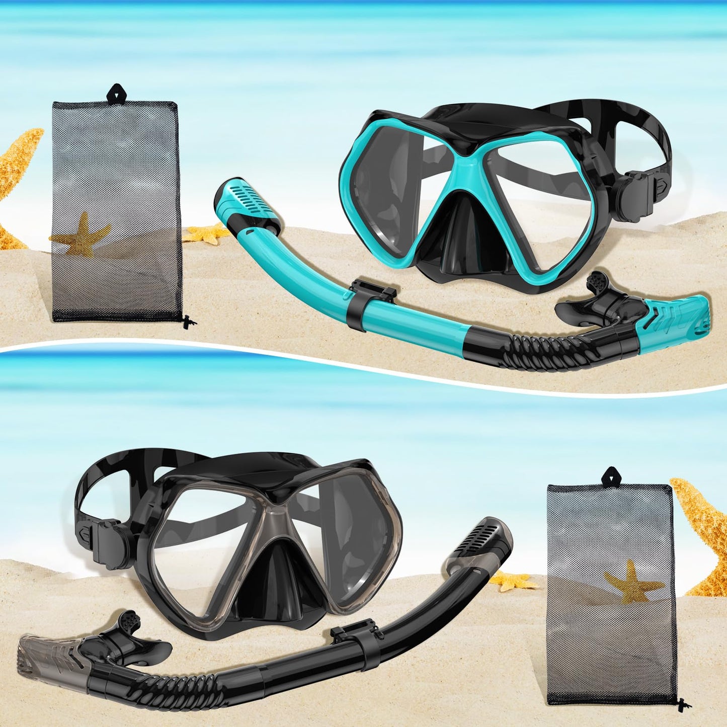 2 Pack Snorkeling Gear for Adults, Dry Snorkel, Mask Set Adult, Diving Scuba Mask, Scuba Gear, Swimming Goggles with Nose Cover, Swim Freediving Tempered Glass Panoramic View Travel Packages