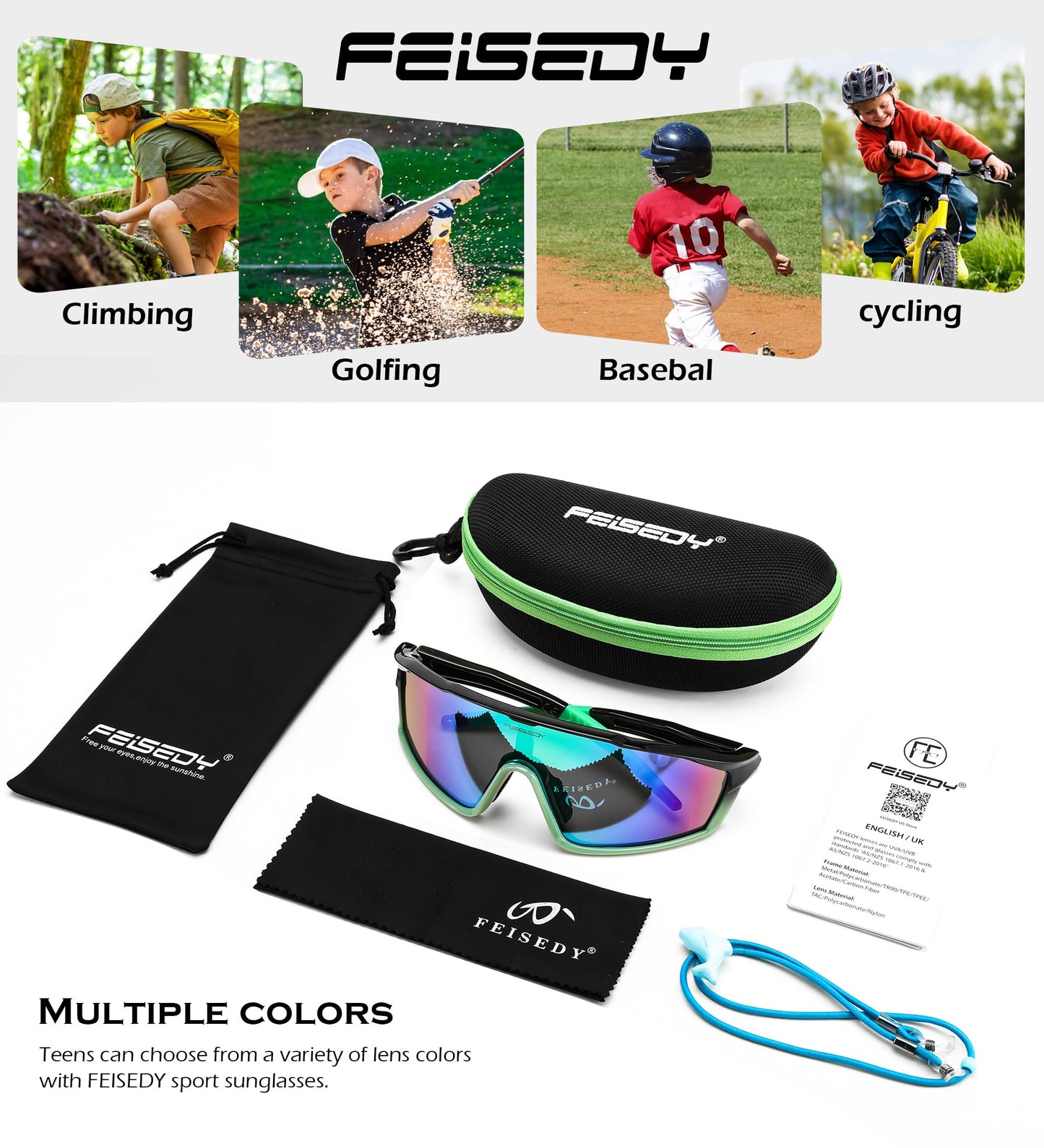 FEISEDY Kids Teens Baseball Polarized Sunglasses Lightweight TR90 Frame UV400 Sports Cycling Shades for Boys Girls B0186