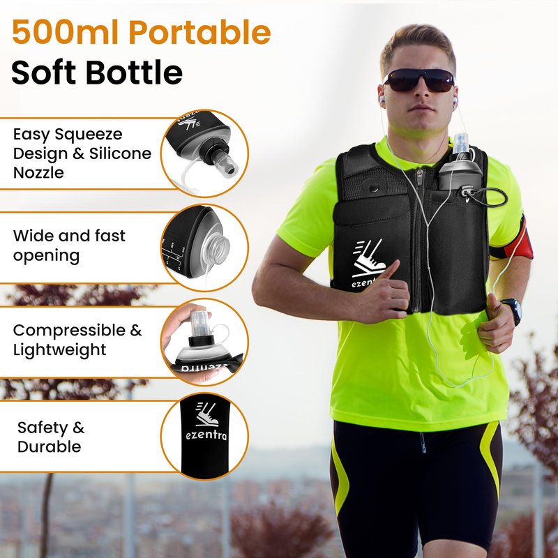 EZENTRA Running Vest Zip, Reflective Running Vests with 6 Pockets, 500ml Hydration Bottle, Adjustable Chest & Waistband, Breathable Material, Chest Pack Gear, Phone Holder, Men & Women,