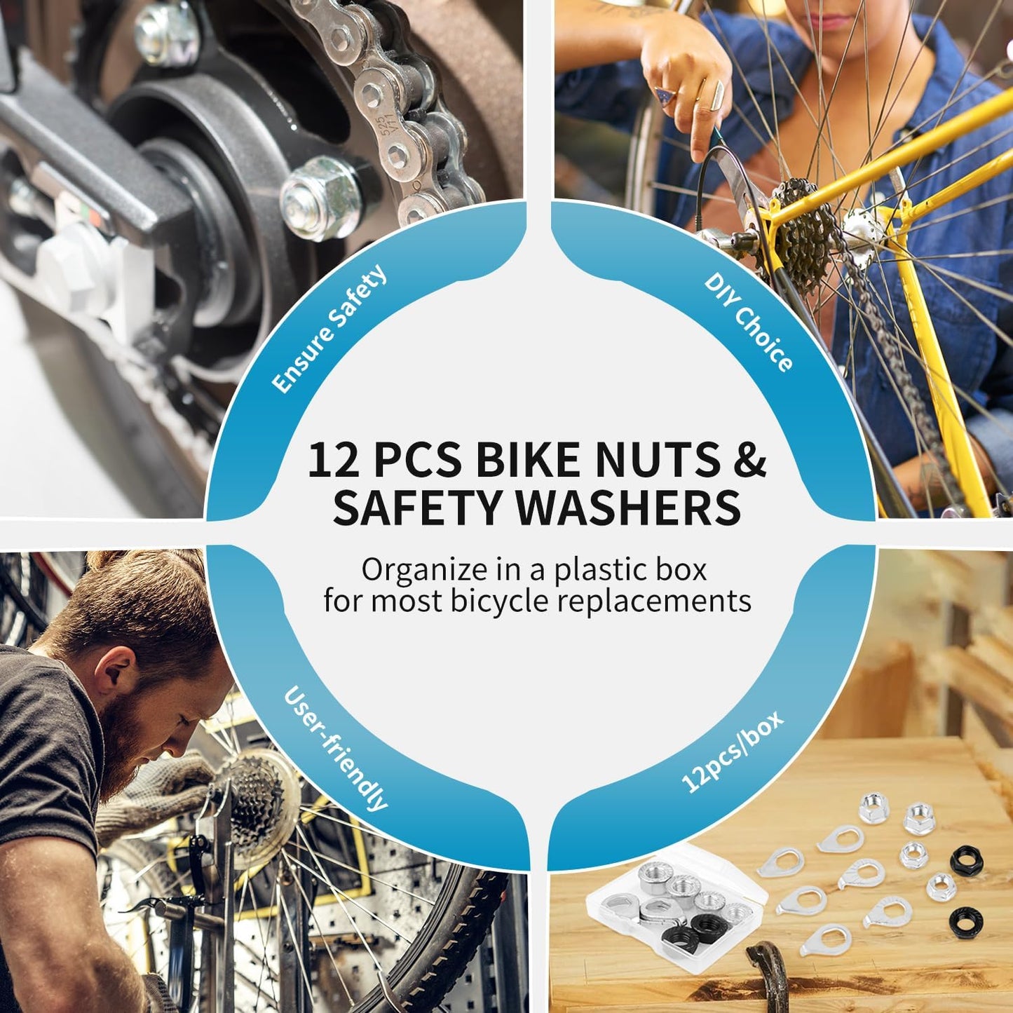 12PCS Bicycle Axle Nuts and Safety Washers, 3 Size M8 M9.5 M10 Bike Wheel Nuts Kit, Black Silver Bike Axle Nuts Washers for Front Rear Mountain Road Kid City Bike Wheel