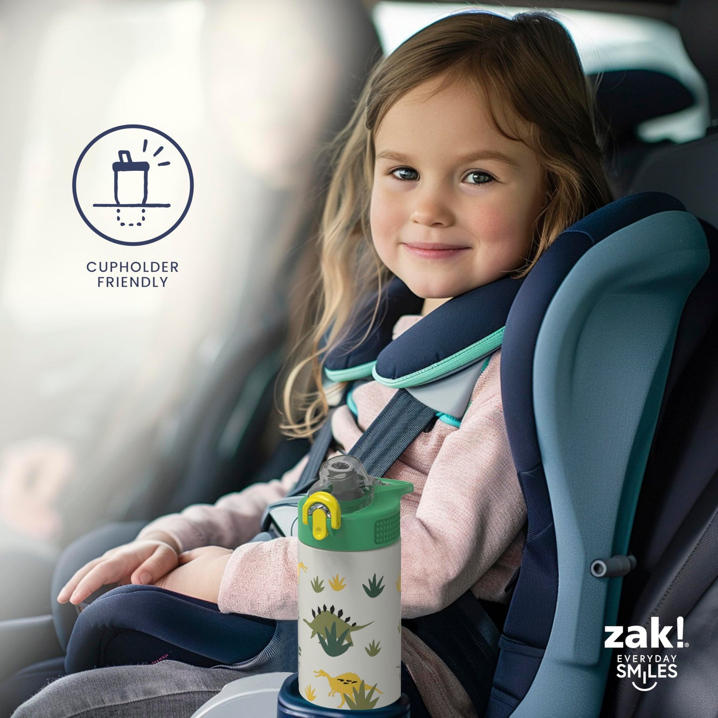 Zak Designs Sage Kids Water Bottle For School, Travel or At Home, 14oz Stainless Steel Water Bottle With Straw, Handle, and Leak-Proof, Pop-Up Spout Cover (Dino)