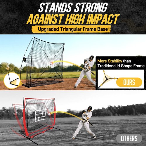PodiuMax 7x7 Baseball & Softball Net with Upgraded Triangular Base, Large Ball Collection System, Softball Pitching Net with 2 Strike Zone, Baseball Nets for Batting Pitching Fielding