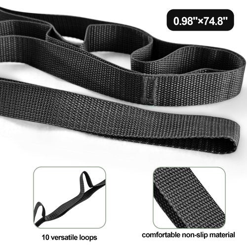 Stretching Strap Yoga Strap Physical Therapy for Home Workout, Exercise, Pilates and Gymnastics, 10 Loops Non-Elastic Stretch Bands with Aesthetic Packaging for Women Men - Black