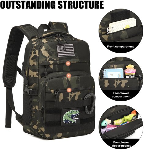 Kids Tactical Backpack Army Molle Bookbag Military Boys Backpack for School, Outdoor, Camping (Includes 2 Patches+1Carabiner), Black Camo