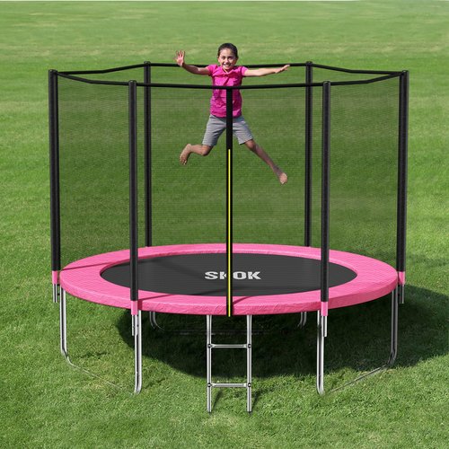 SKOK Pink 8FT Trampolines with Enclosure Net, 400LBS Outdoor Trampolines for Kids -ASTM Approved Trampoline for Children and Adults with Jump Mat,Cover & Ladder