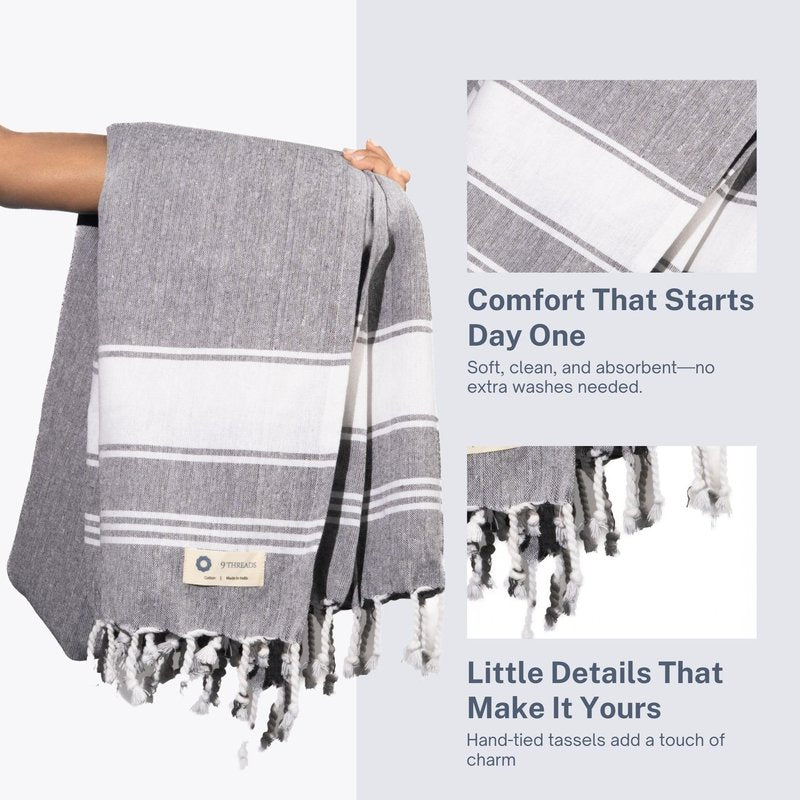 9Threads Cotton Turkish Beach Towel with Towels Oversized 36"x72" Pool Absorbent Extra Large Quick Dry Sand Travel Towel (Grey, 2 Pack)
