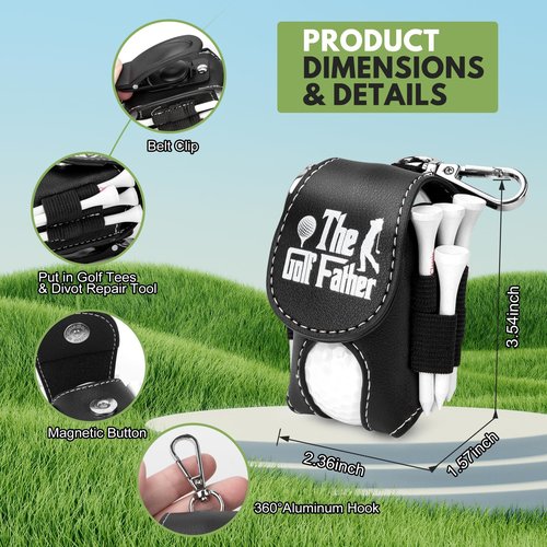 Golf Ball Bag Pouch with Golf Tee Holder Leather Golf Ball Pouch with Belt Clip Golf Ball Bag for Men and Women Storage Gift (Black(The Golf Father))