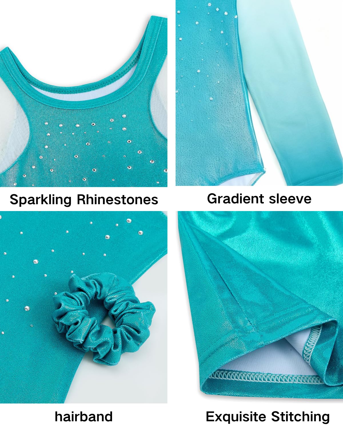 JiAmy Gymnastic Leotards for Girls 3/4 Sleeve Sparkly Unitards with Shorts Dance Biketards Green 5-6 Years
