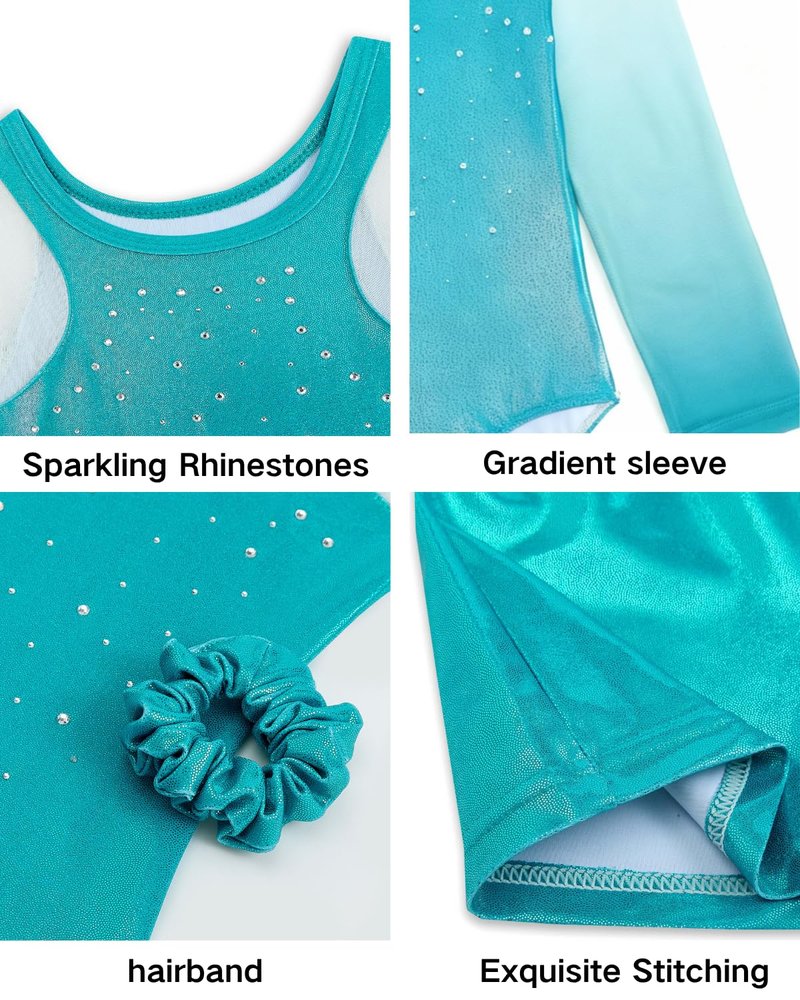 JiAmy Gymnastic Leotards for Girls 3/4 Sleeve Sparkly Unitards with Shorts Dance Biketards Green 5-6 Years