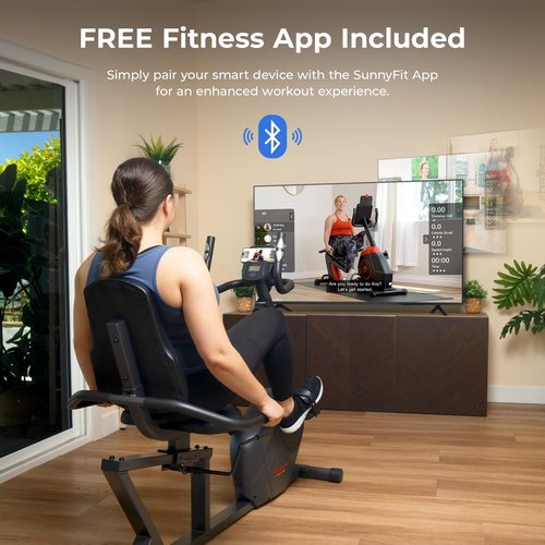 Sunny Health & Fitness Heavy-Duty Recumbent Smart Bike, Wide Cushioned Seat & Back, Cycling Workout Machine, Bicycle Exercise for Adult/Seniors at home, Exclusive Free SunnyFit App Bluetooth Link