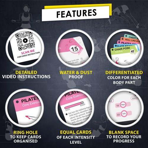 Flexies Pilates Workout Cards - 58 Exercise Cards with Pilates Mat Workout Postures, Video Instructions & Breathing Tips | Free Ring & Dry-Erase Marker to Create at home pilates womens workout planner
