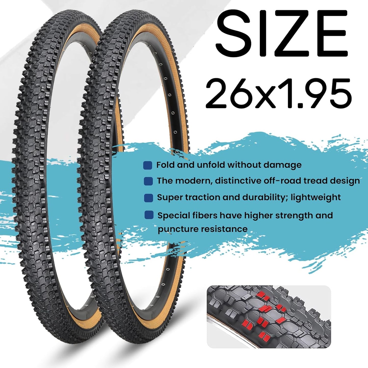 Hycline 2-Pack Mountain Bike Tires Set: 20/24/26/27.5-inch Folding Replacement Puncture-Resistant Bicycle Tires and Pair 20/24/26/27.5-inch Inner Tubes with Tire Levers for MTB Off-Road Bike