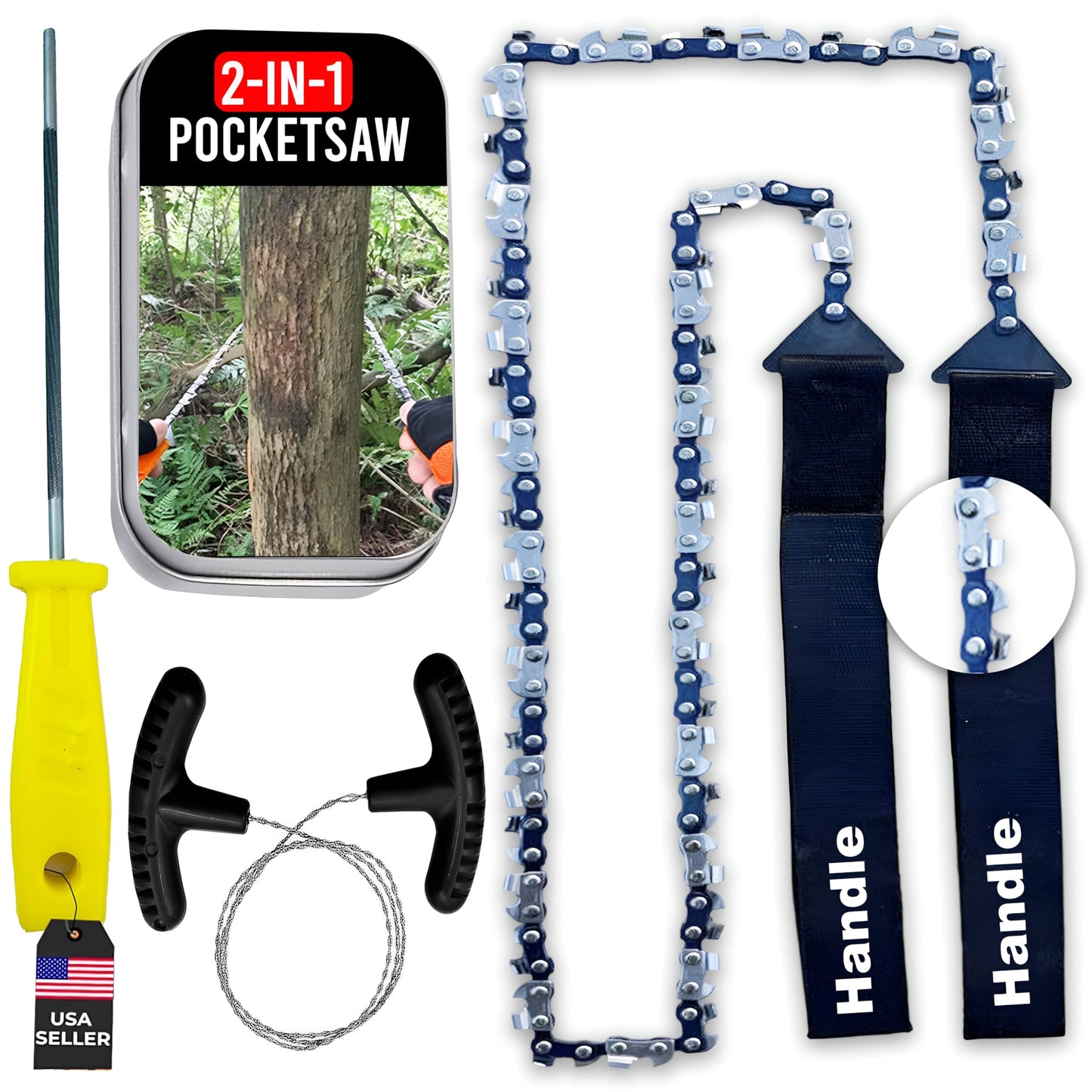 2 In 1 Pocket Chainsaw & Wire Saw Kit – 36 Inch Hand Chain Tool with Saw File for Tree Cutting, PVC Pipe, Camping, Hiking, Bushcraft & Emergency Survival Gear