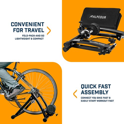 Alpcour Bike Trainer Stand for Indoor Riding – Portable Foldable Magnetic Stainless Steel Indoor Trainer, Noise Reduction, 6 Resistance Settings & Bag – Stationary Exercise for Road & Mountain Bikes