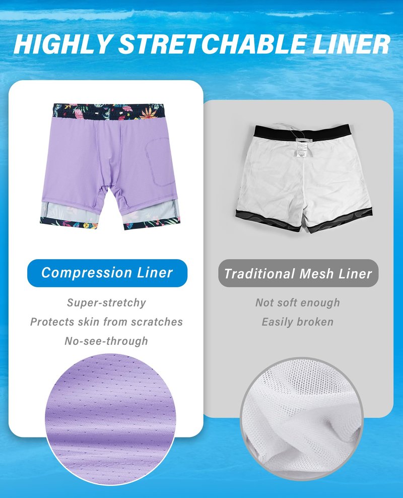 Compression Swim Trunks Men Men's Bathing Suits 7 inch with Compression Liner Zipper Pockets Drawstring Quick Dry Stretch Comfort Lined Funny Beach Pool navy floral and leaf Medium Swim Trunks