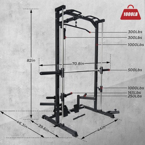 RitFit Smith Machine Power Rack with LAT-Pull Down System, Landmine, Barbell Bar, Plate Storage Pegs and More Training Attachment (Smith Machine 1.0), Black