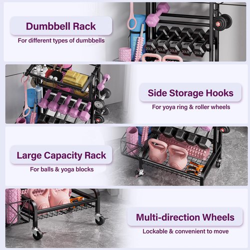 Dumbbell Rack, Weight Rack for Home Gym Storage Rack with Lockable Wheels & Hooks, Workout Equipment Storage for Yoga Mat Foam Roller Kettlebells Resistance Bands