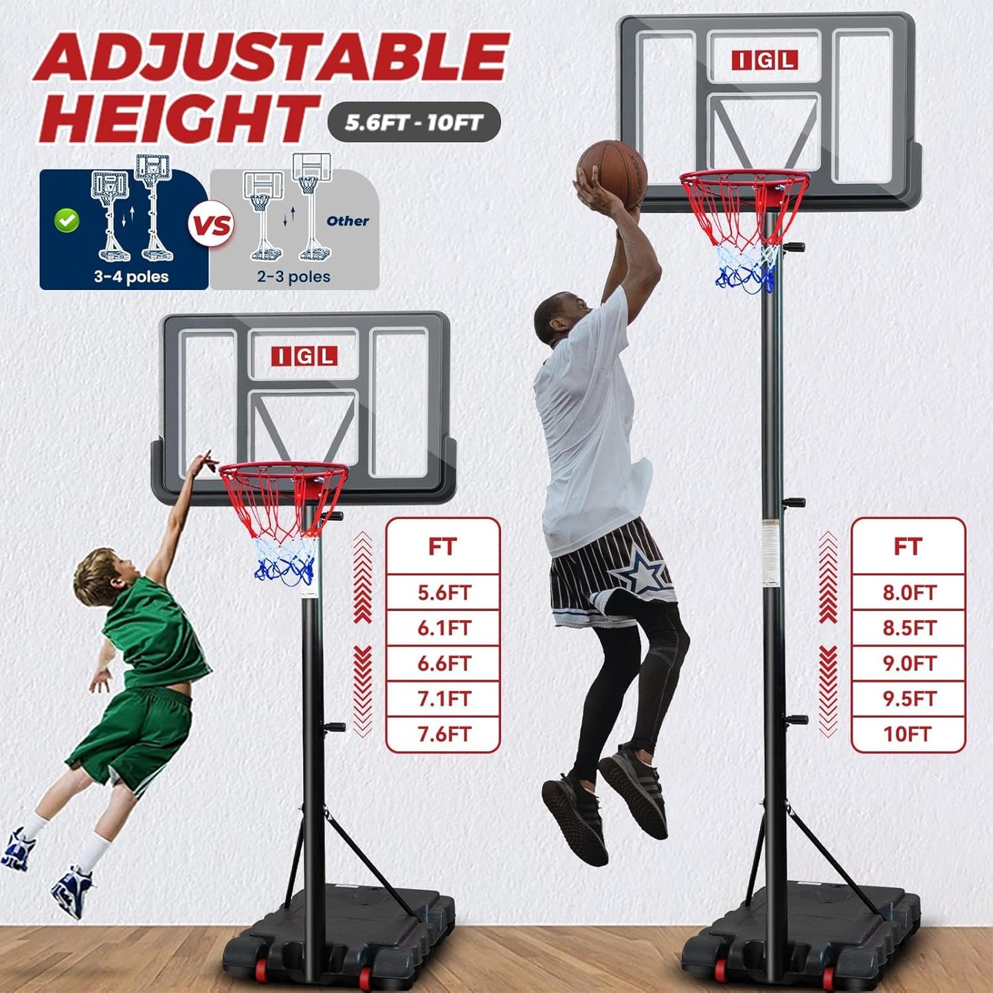 IGL Portable Basketball Hoop, 5.6-10FT Adjustable Basketball Goal System, 44 Inch Outdoor Basketball Hoop & Goals for Kids, Youth, and Adults in The Backyard, Driveway with PC Backboard