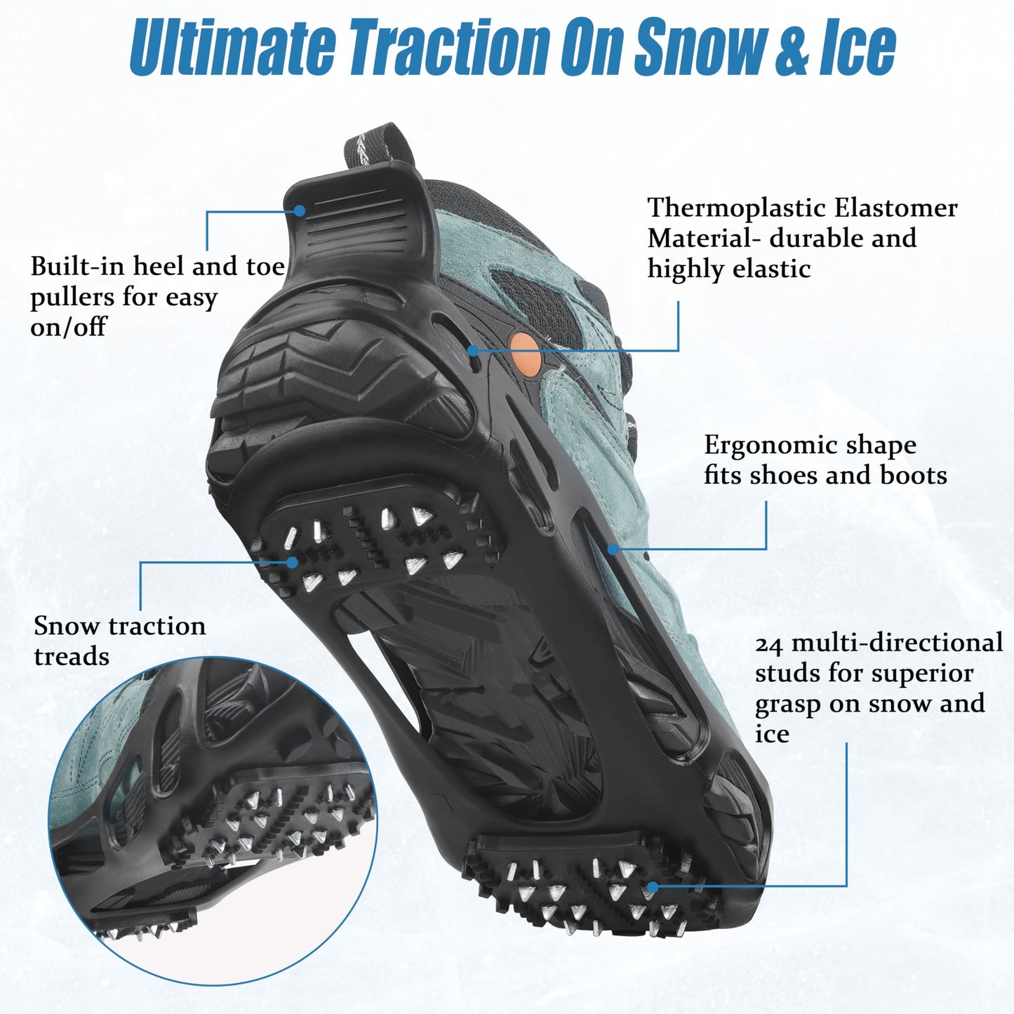 Ice Cleats Snow Traction Cleats Crampons for Walking on Snow and Ice Non-Slip Overshoe with Removable Straps Rubber Anti Slip Crampons Slip-on Stretch Footwear