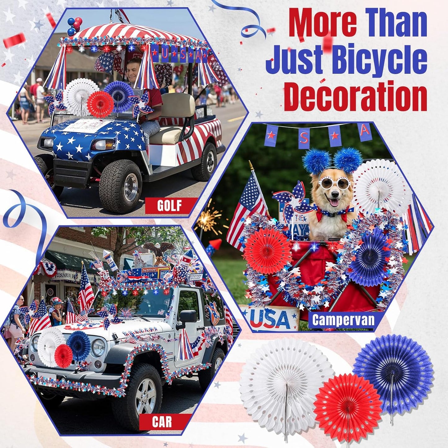 17pcs 4th of July Bike Decorations Patriotic Bicycle Decor Set Bike Wheel Lights LED Star String Light Tinsel Garland Streamer USA Flags Banner Independence Day Kids Bike Parade Red White Blue
