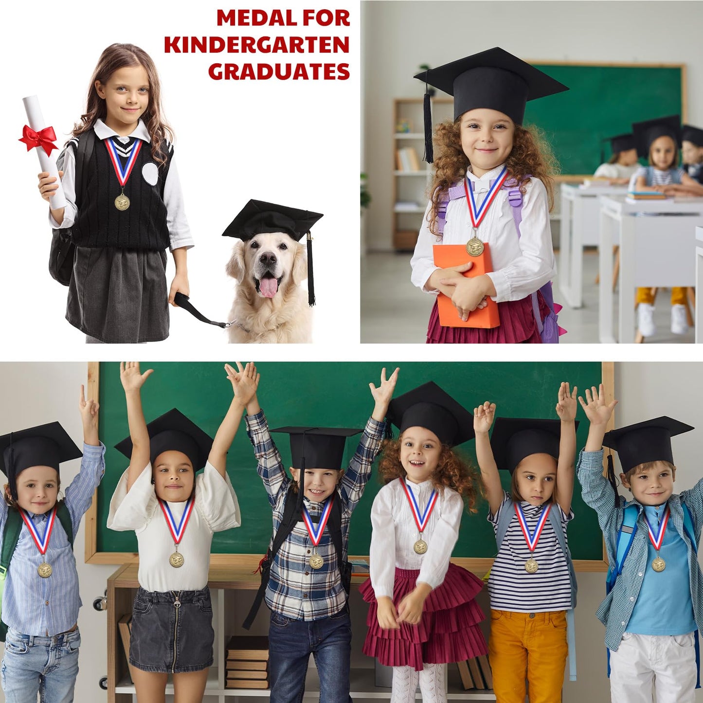 Remuuly 30/60 Pcs Kindergarten Graduation Award Medals for Kids 2'' Preschool Award Medallion with Neck Ribbon Congrats Graduation Gifts for School Student Party Favor(30 Pcs,Cap)