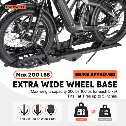 CRAVOT CyberRack E2 Hitch 2 EBike Rack with Ramp, 200 lbs Capacity Electric Bike Carrier Foldable Platform Mount, Up to 5-inch Fat Tire Bicycle for 2'' Receiver Cars Trucks SUVs Minivans RV, Trailer