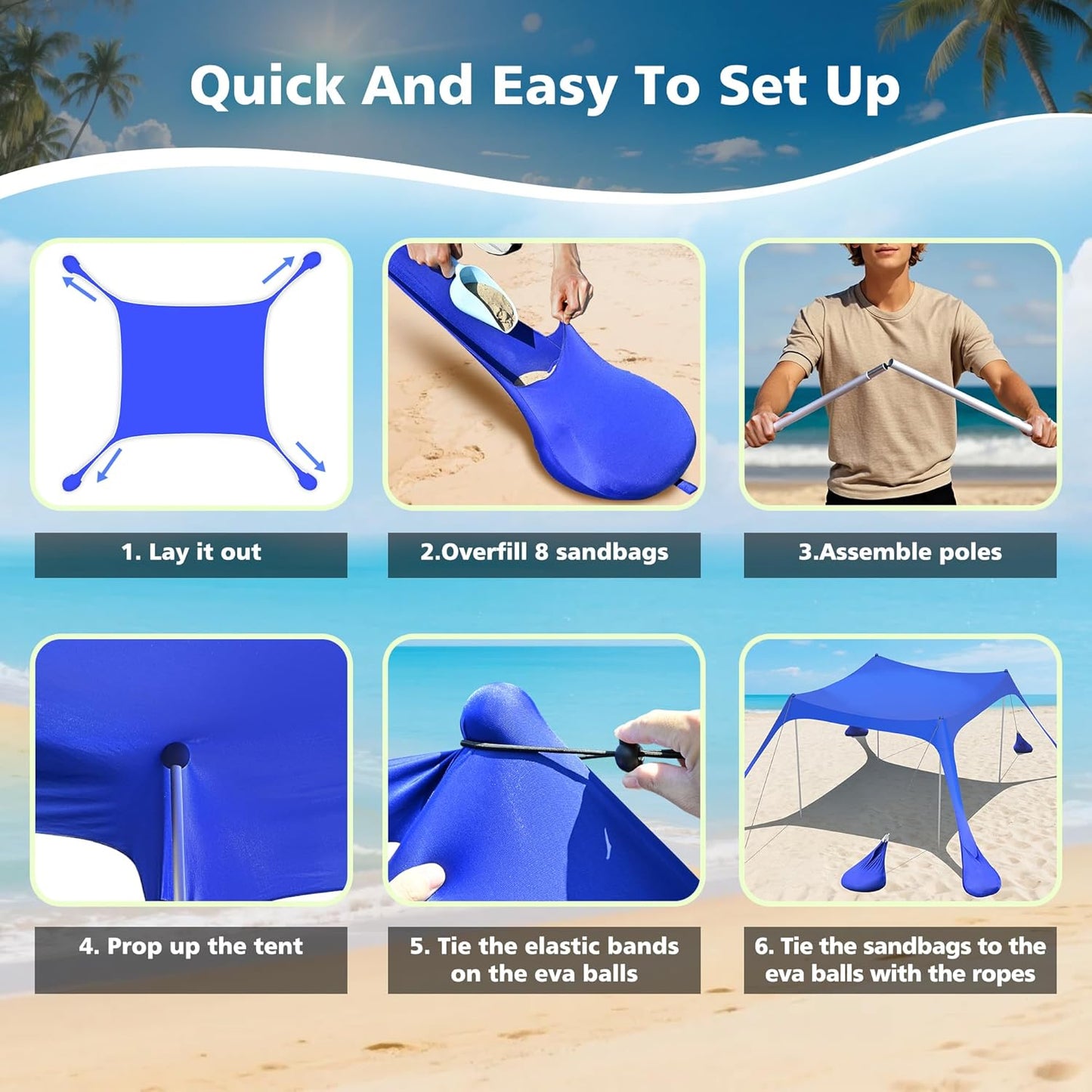 2PM SPORTS Beach Tent Canopy with UPF50+ UV Protection, Outdoor Large Beach Sun Shade Shelter for Family Picnic Camping Travel Shore Fishing, 8 Sandbags, Sand Shovel (Navy Blue, 10x10 FT)